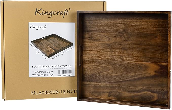 16 x 16 inches Large Square Ottoman Tray Solid Black Walnut Table Platter Decorative Wooden Serving Tray with Handle for Oversized Ottoman Home Breakfast in Bed Tea Coffee