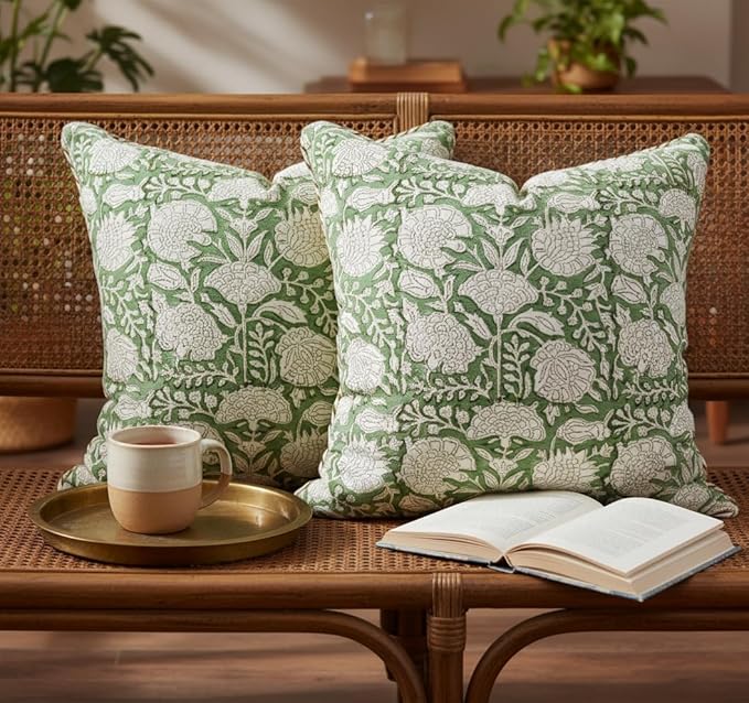 ATOSII Block Print Boho Throw Pillow Covers, 20 X 20, Set of 2, Decorative Couch Pillows for Living Room, 100% Cotton Canvas Acccent Pillows, Christmas Thanksgiving Fall Preppy Throws - Jade
