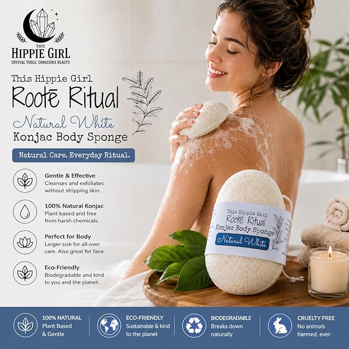 Roote Ritual Konjac Body Sponge – 100% Natural Exfoliating Shower Sponge for Sensitive Skin – Gently Deep Cleanses, Earth-Friendly Loofah, Biodegradable, Vegan – for Women, Men (Natural White)