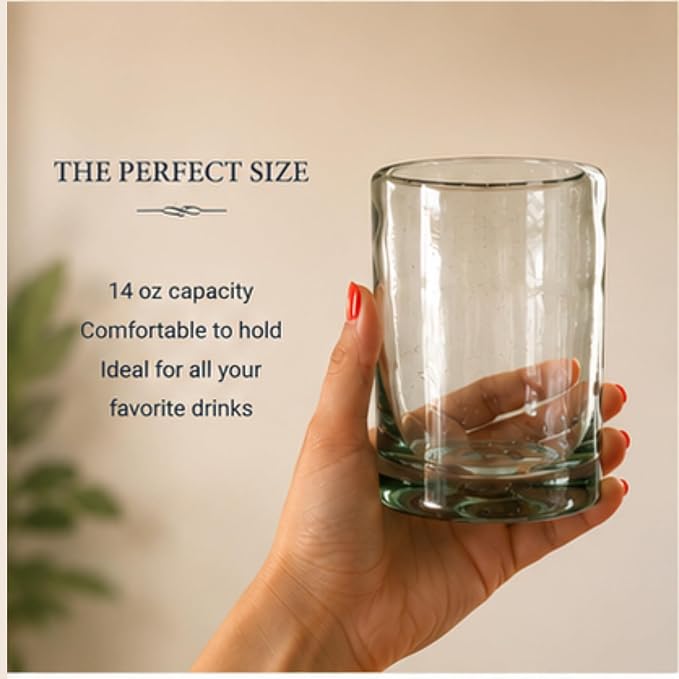 Aztecas Design Handblown Recycled Glass Drinking Glasses, Clear, Set of 4, Classic Style (16oz)