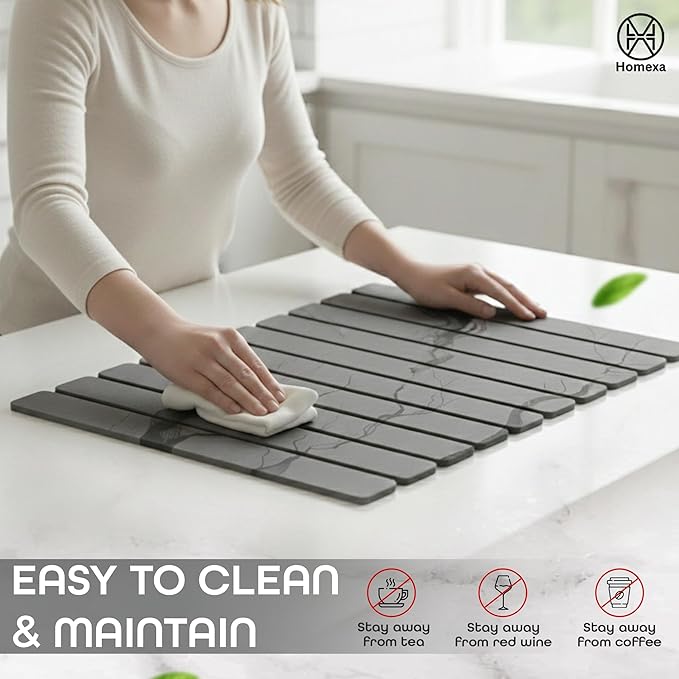 Stone Dish Drying Mat 24" x 16" – Dish Drying Stone Mat – Large Diatomaceous Earth Drying Mat with Non-Slip Base – Quick Dry Kitchen Drying Pad for Dishes, Glassware & Bottles (Marbled Dark Grey)