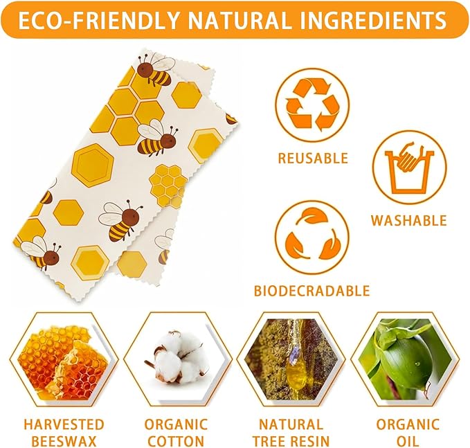 Reusable Beeswax Wraps, 9 Pack For Sandwich, Bread, Fruit, Bowl, Organic, Sustainable, Zero Waste, Plastic-Free, Eco-Friendly Food Storage, 1XL, 3M, 5S, Bee and Honeycomb Pattern