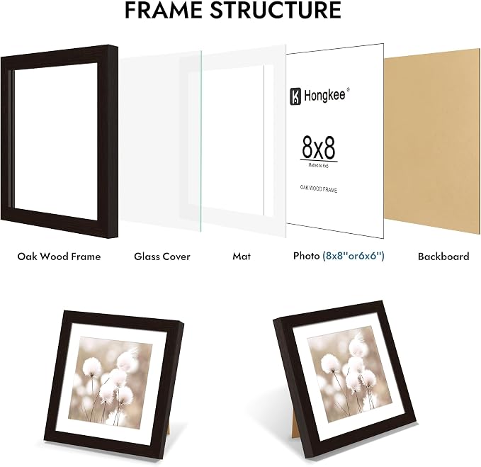 Hongkee 8x8 Oak Wood Picture Frame 1 Pack(Matted 6x6) with Real Glass Cover | Black, 8 x 8 Solid Wood Frame for Wall or Tabletop Display - Includes Easel Back, Vertical Hang - Ideal for Home, Office