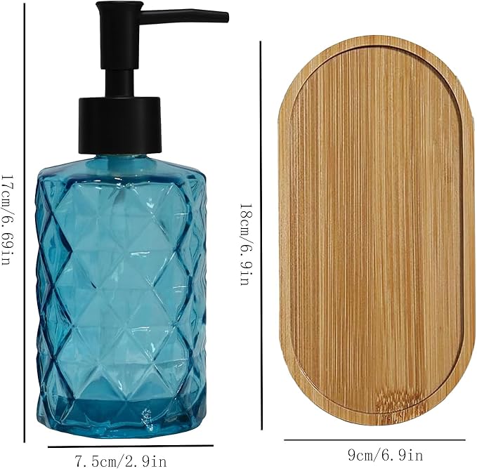 Glass Hand and Dish Soap Dispenser Set of 2 with Plastic Pumps, Bamboo Tray, 12oz Blue Bathroom Soap Dispenser with Diamond for Hand Wash & Dish Wash, Ideal for Bathroom Kitchen Countertop