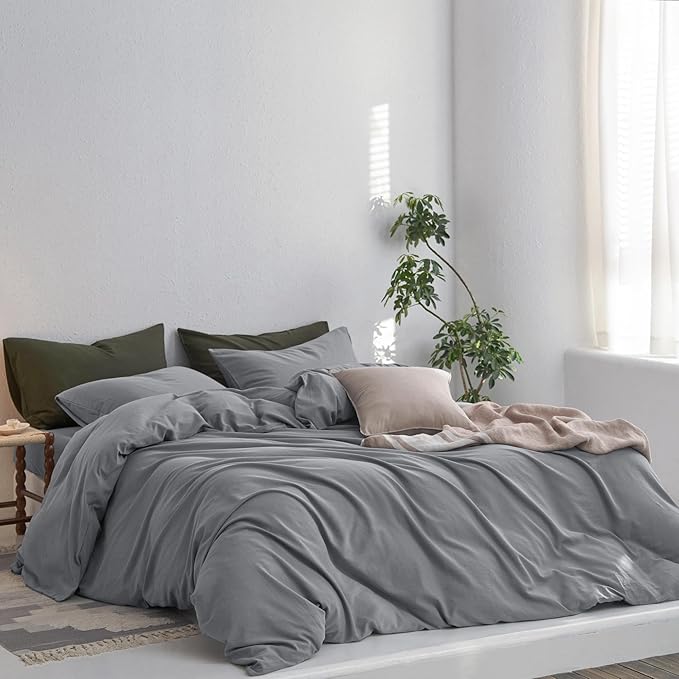 MooMee King Duvet Cover Set, 100% Washed Cotton Linen Like Twill Thick Sturdy Material Super Soft Breathable Durable Bedding for All Season, 3 Pieces (Polar Grey, King 104"x90")