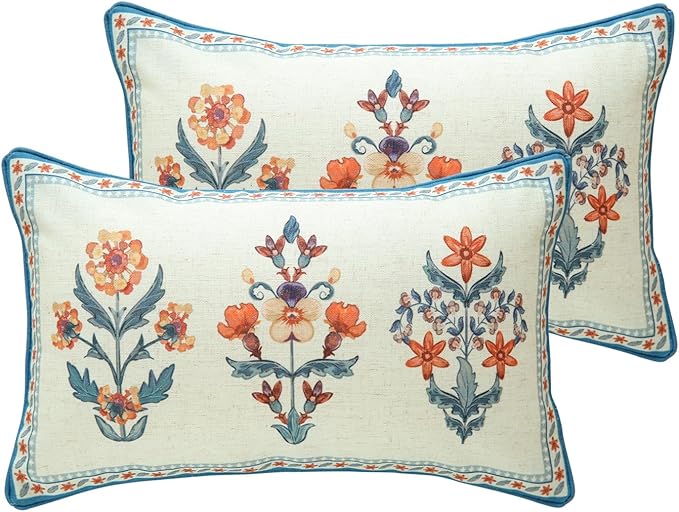 ISAENNE Design Lumbar Linen Throw Pillow Covers 12"x20" Pack of 2, Blue Country Cushion Covers with Colorful Wildflower Pattern Decor Rectangle Pillowcases for Bed,Living Room,Outdoor,Car