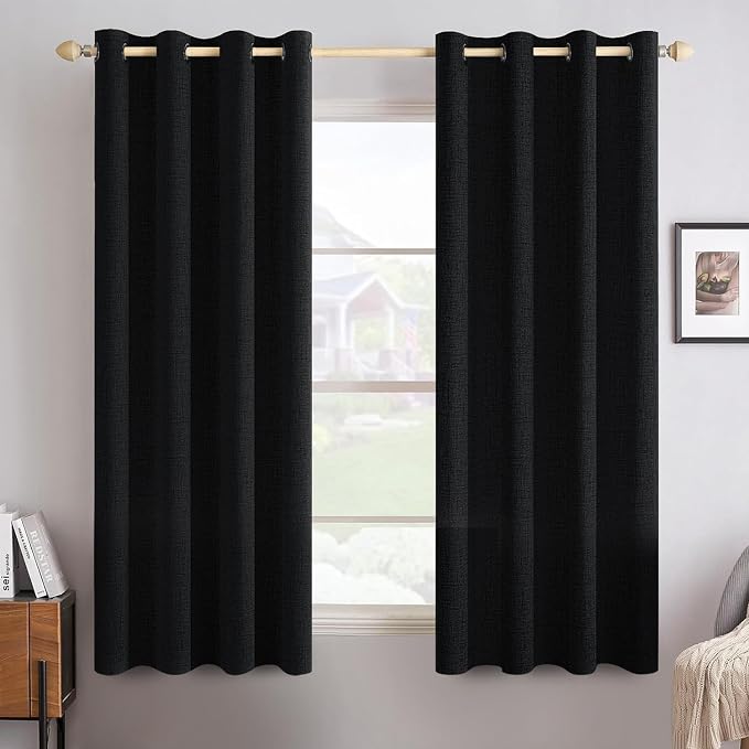 MIULEE Linen Texture Curtains for Bedroom Solid 100% Blackout Thermal Insulated Halloween Black Curtains Grommet Room Darkening Drapes for Living Room 52x54 Inch (2 Panels)