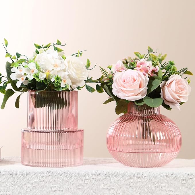 Ribbed Glass Vases, Set of 2 Fluted Vases for Flowers, Pink Glass Vase for Tulips, Modern Vase for Living Room, Kitchen, Office, Entryway, Mantle, Bookshelf, Wedding Gifts, Birthday