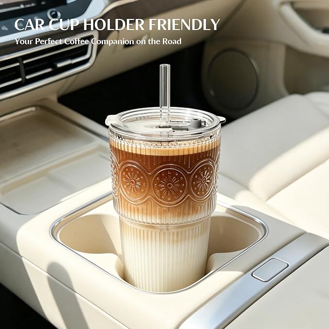 INSETLAN 20oz Ribbed & Floral Glass Tumblers with Lids and Straws, Set of 2 – Clear Iced Coffee Cups, Reusable Drinking Glasses for Water, Smoothies, Tea, and Juice – Perfect for Travel & Daily Use