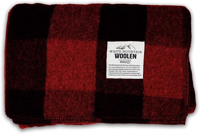 Camp Throw Blanket - 80% Recycled Wool - Buffalo Plaid - Warm Throw Blanket - Thick - Washable - 62W x 80L - Red and Black Plaid