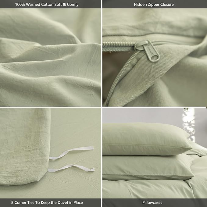 MooMee Queen Duvet Cover Set, 100% Washed Cotton Linen Like Twill Thick Sturdy Material Super Soft Breathable Durable Bedding for All Season, 3 Pieces (Mist Sage, Queen 90"x90")