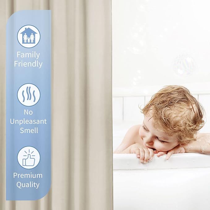 Gibelle Beige Fabric Shower Curtain or Liner, 72x72 Waterproof Shower Curtain Liner for Bathroom with Metal Grommets and 12 Plastic Hooks, Soft Cloth & Hotel Quality, Machine Washable