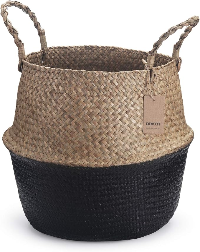 DOKOT Seagrass Belly Basket with Handles Natural Woven Planter Baskets for Indoor Plants Storage Laundry (Black 8 inch D x 9 inch H)