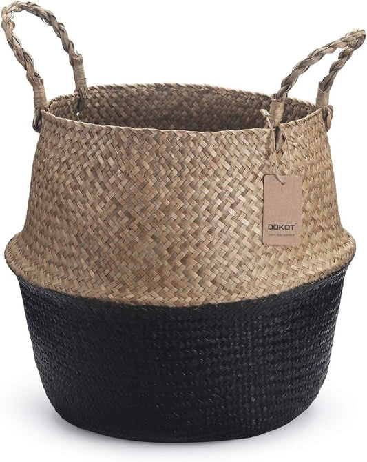 DOKOT Seagrass Belly Basket with Handles Natural Woven Planter Baskets for Indoor Plants Storage Laundry (Black 8 inch D x 9 inch H)