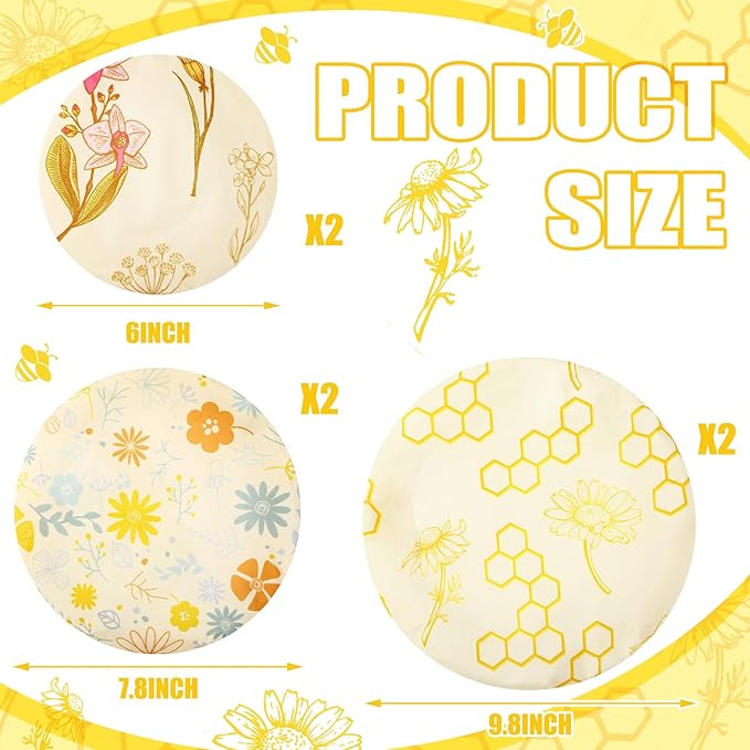 6 Pcs Reusable Beeswax Bowl Covers for Bread Proofing 6/8/10 Inch Elastic Cotton Bowl Cover 3 Pattern Cloth Food Wrap Bread Proofing Cap for Mixer Container Baskets