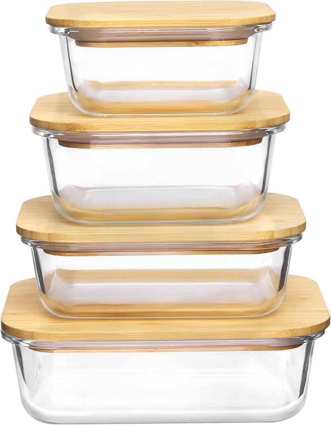 Vtopmart 4 Pack Glass Containers and 5 Pack Glass Mixing Bowls with Bamboo Lids
