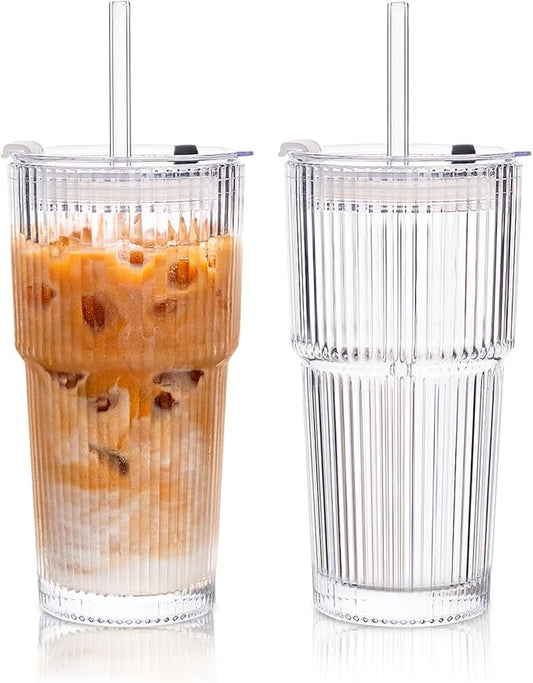 KEMORELA 2-Pack 20 oz Ribbed Glass Tumblers with Lids and Glass Straws – Vintage Iced Coffee Cups, Reusable Smoothie & Cocktail Drinking Glasses, Clear Glassware for Home or Cafe
