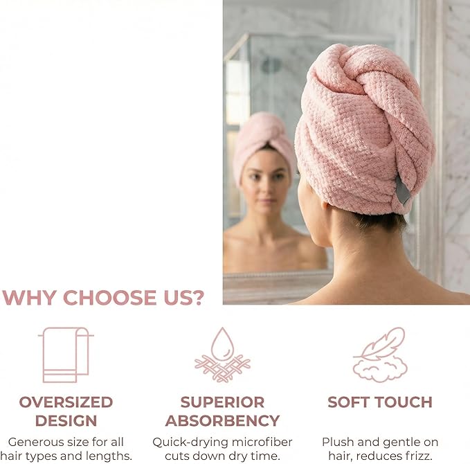 1 Pink Microfiber Hair Towel Wrap for Women, Extra Long Super Absorbent Hair Drying Towel with Bear Button, Quick Dry Anti-Frizz Hair Turban for Curly Thick Hair, Lightweight for Long Short Hair