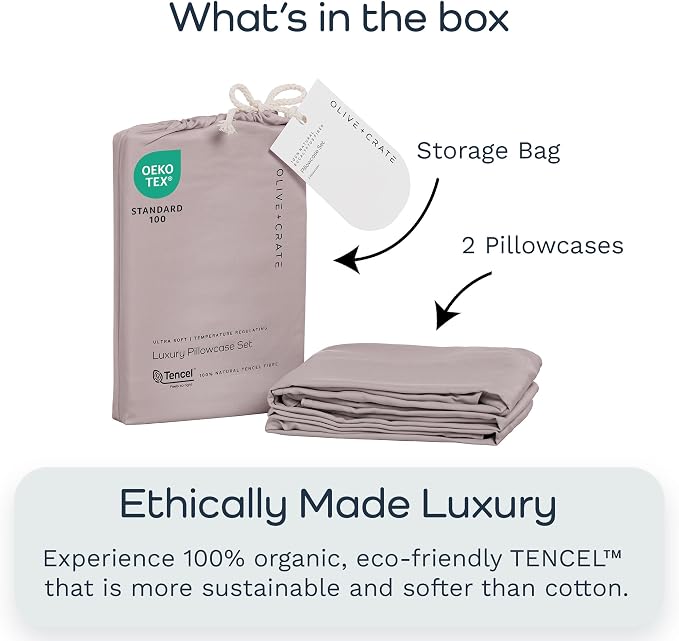 Olive + Crate Tencel Eucalyptus Pillowcases - 100% Tencel Lyocell Cooling Pillow Cases for Hot Sleepers - Hypoallergenic, Moisture-Wicking, Silk Alternative, Vegan - King Size Set of 2 [Dusk]