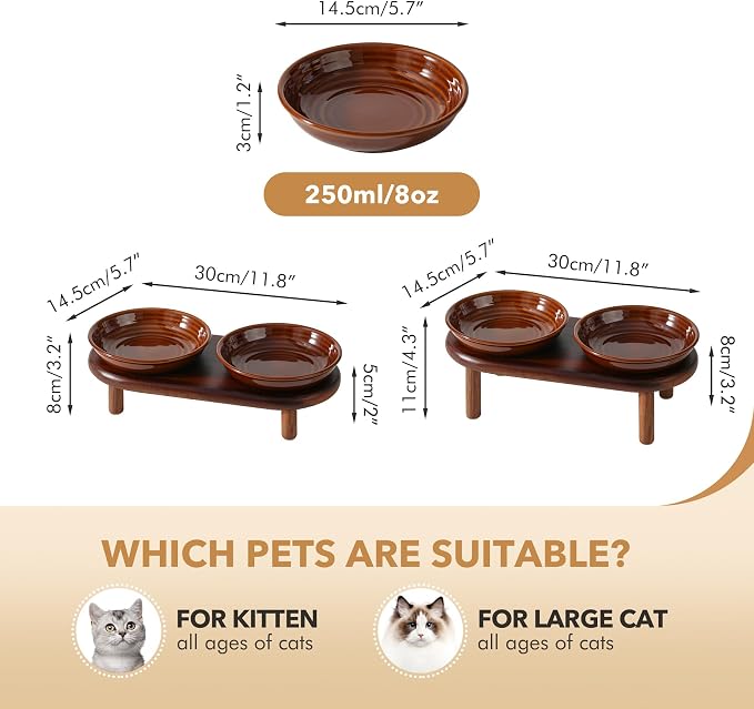 Havniva Elevated Cat Bowls Raised Ceramic Cat Bowl, 5.7” Wide Opening Cat Food Bowl Whisker Friendly Cat Dish Anti-Slip with Wood Stand, Shallow Pet Food & Water Bowl for Indoor Cats