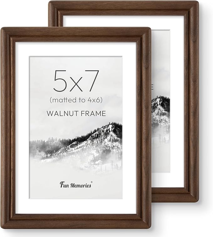 5x7 Picture Frame with Mat for 4x6, USA-Sourced Walnut Wood Handcrafted Rounded Corner with HD Tempered Glass, 5 x 7 Photo Frames Gallery Wall & Tabletop, Vertically or Horizontally, 2 Pack