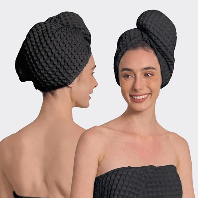 Luxury Organic Japanese Cotton Hair Drying Waffle Towel Wrap for Women | Absorbent, Quick-Dry Head Turban for Shower, Sauna, Spa | Extra Large for Long, Curly, Straight Hair With Button (Black, 1 Pc)