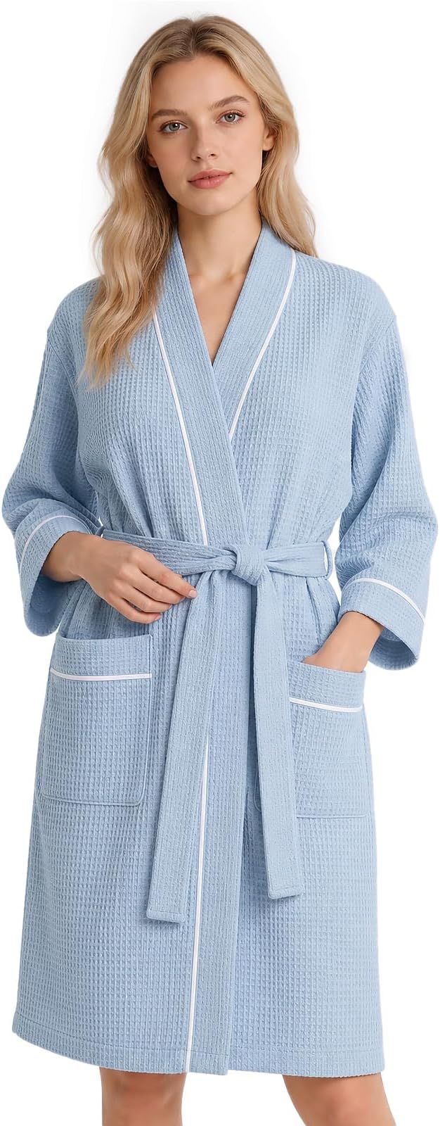 Inner Wish Women's Cotton Waffle Kimono Robe, Lightweight Quick Dry Spa Shower Robe with Pockets