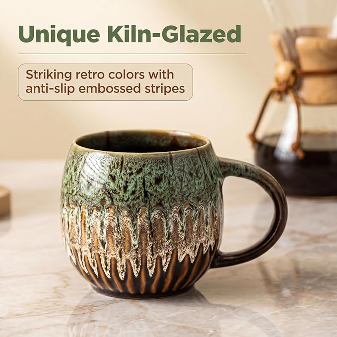 13oz Large Coffee Mug - Unique Handcrafted Look Ceramic Cup, Large Tea Mug, Microwave & Dishwasher Safe (green,Set of 4)