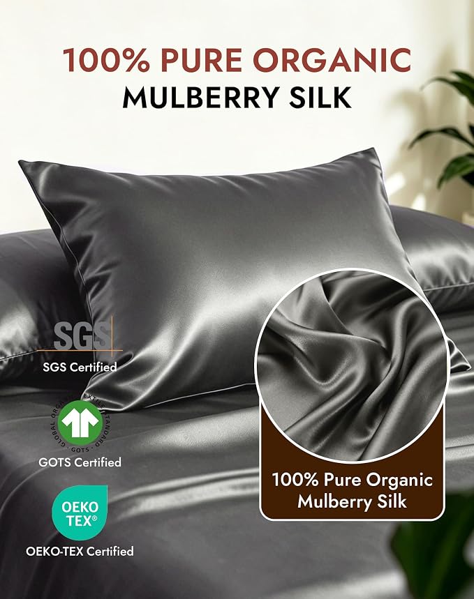 SilkSilky Luxury 30 Momme 100% Pure Organic Mulberry Silk Pillowcase for Hair & Skin, Grade 6A+ Silk Pillow Cases with Hidden Zipper, Cooling Silk for Deep Sleep (Queen 20''x30'', Darkgray)