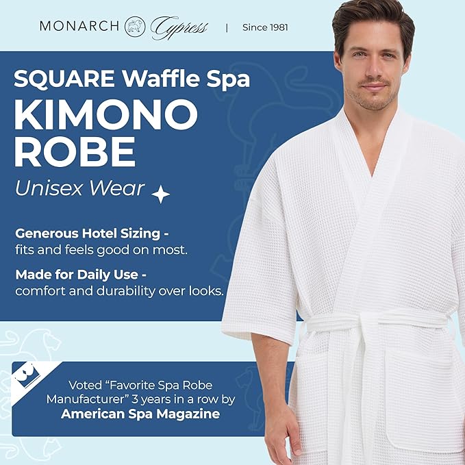 MONARCH Unisex Square Waffle Spa Kimono Robe – Soft Lightweight Fabric & Generously Sized Hotel & Spa Robe with Pockets