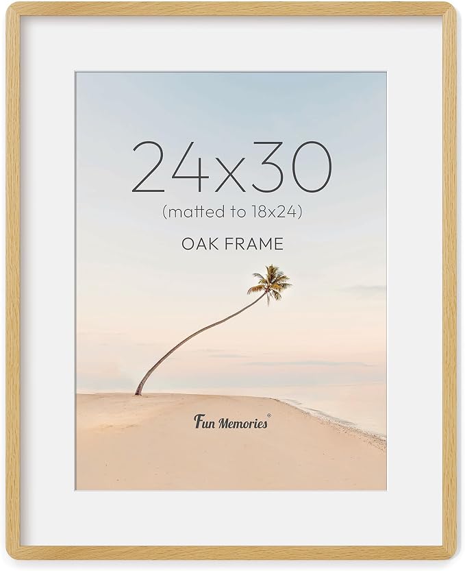 Fun Memories 24x30 Poster Frame with Mat for 18x24 - Solid Oak Wood Photo Frame, Rounded Corner 24 x 30 Wooden Frame Matted to 18x24 Photo, 24 By 30 Wood Frame with Tempered Glass, Natural Oak