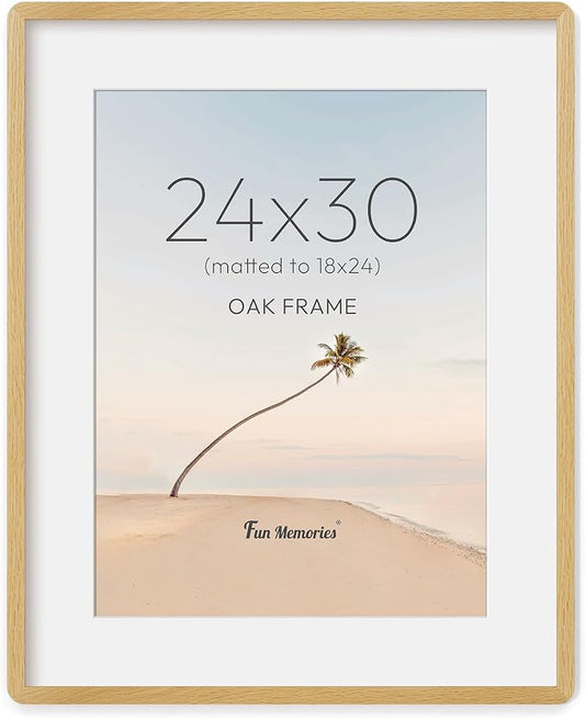 Fun Memories 24x30 Poster Frame with Mat for 18x24 - Solid Oak Wood Photo Frame, Rounded Corner 24 x 30 Wooden Frame Matted to 18x24 Photo, 24 By 30 Wood Frame with Tempered Glass, Natural Oak