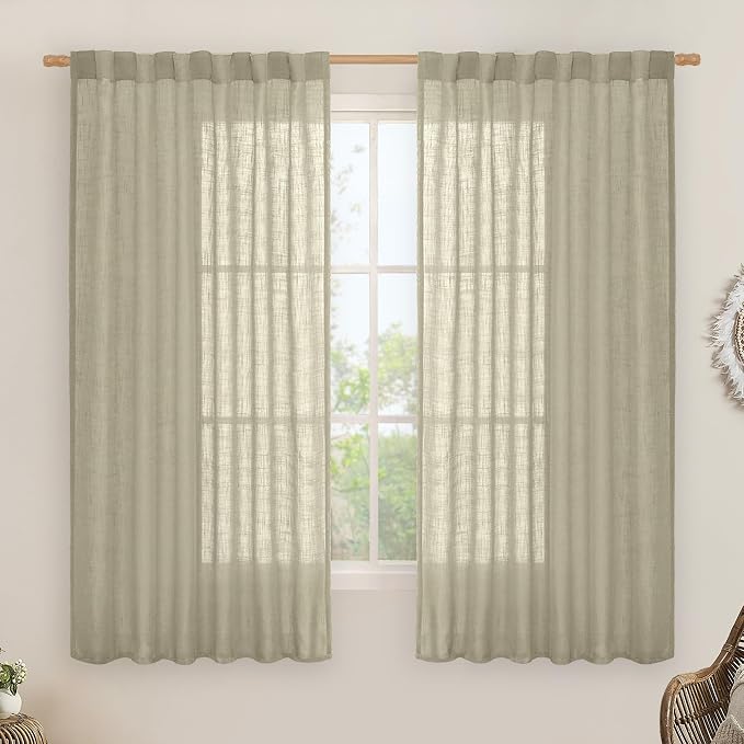 LAMIT Sheer Linen Curtains 63 Inch for Bedroom, Light Filtering Country Decor Semi Sheer Farmhouse Boho Curtains Back Tab and Rod Pocket Living Room Panels, Oatmeal, 2 Panels, 52 x 63 Inch