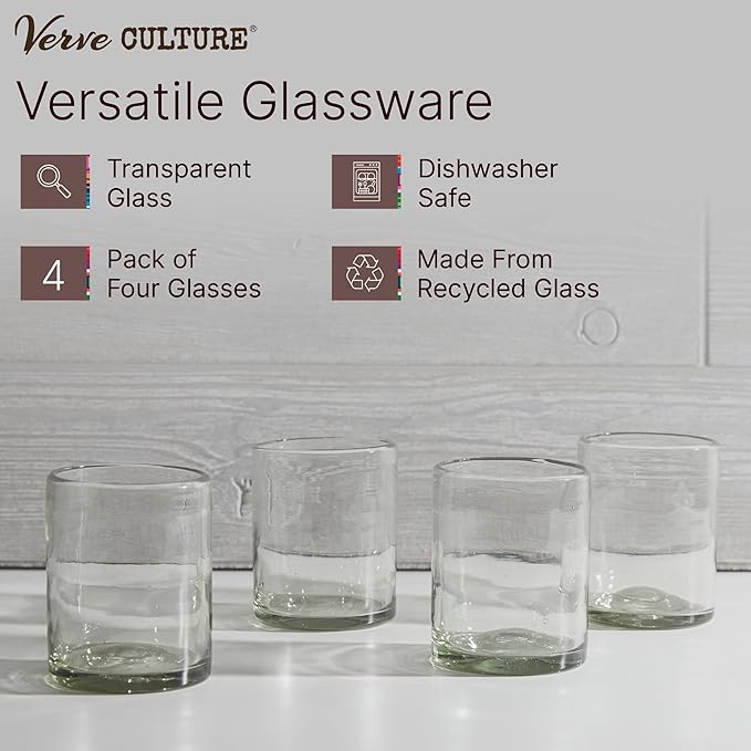 Verve CULTURE Mexican Highball Drinking Glasses, Unique Handblown Glassware, Glass Cups for Cocktails, Juice, Mixed Drinks, Elegant Tabletop Drinkware, Set of 4 (Clear, 13 oz)