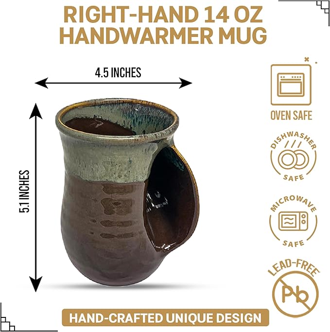 Clay in Motion Hand Warmer Coffee Mug – Handmade Coffee Mug With Comfortable Handle Contoured Pocket Hand Warming Ceramic Coffee Mug – Proudly Made in USA – Right Handed – 14 Oz - Mocha