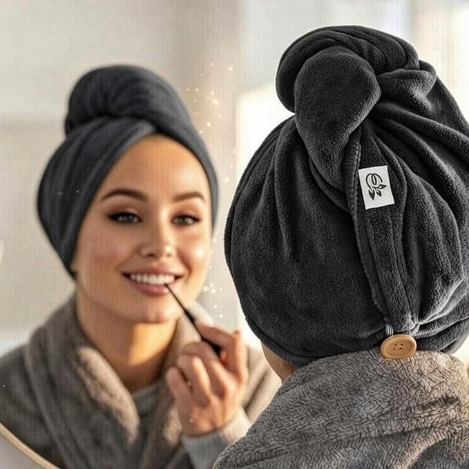 Evolatree Microfiber Hair Towel Wrap for Women – Quick-Dry Anti-Frizz Hair Turban with Wooden Button, Designed in Canada for Mindful Hair Care – Raven Dark Gray