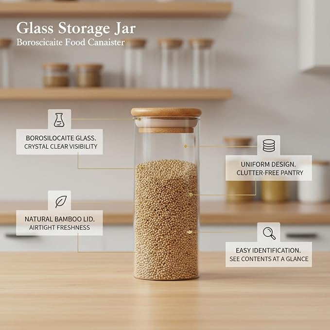 Borosilicate Glass Storage Jar with Bamboo Lid, Airtight Dry Food Canister for Kitchen Pantry & Countertop Organization