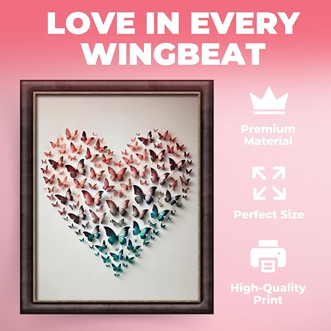 InkFlow Posters Butterfly Heart Poster - 3D Paper Butterflies in Pink, Blue, and Teal - Abstract Love Art for Bedroom, Living Room, Home - 24x32 Unframed Canvas Print