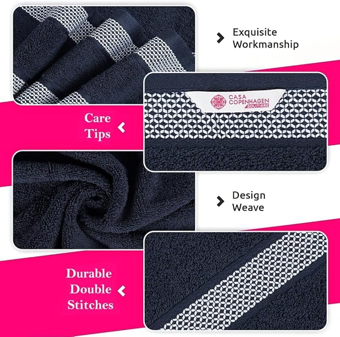 CASA COPENHAGEN Solitaire 6Pcs 100% Egyptian Cotton Large Designer Towels Gift Set- Grey Violet-Navy Blue, 600GSM, 2Bath 2Hand 2Washcloths, Bath Towels for Bathroom Set for Women & Men
