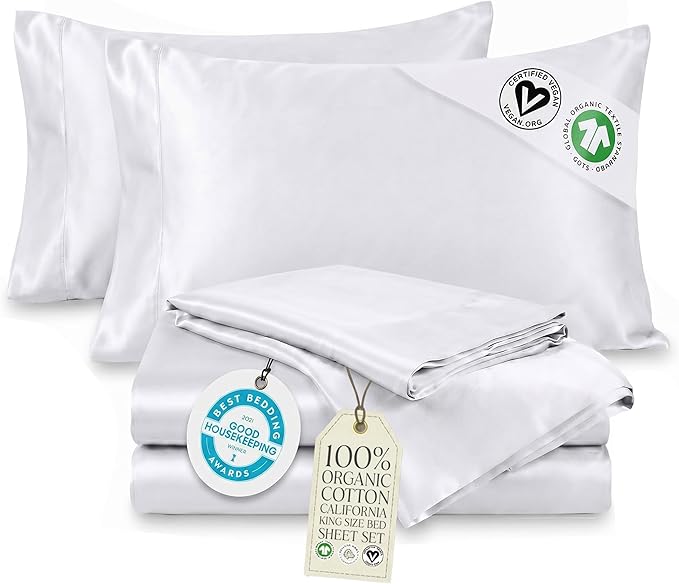 Delilah Home 100% Organic Cotton California King BedSheet set, GOTS & Vegan.org Verified Long Stem 300 TC Sateen Bedding Non-Synthetic Deep Pocket Fitted Linen, Lightweight, All-Season, 4Piece - White