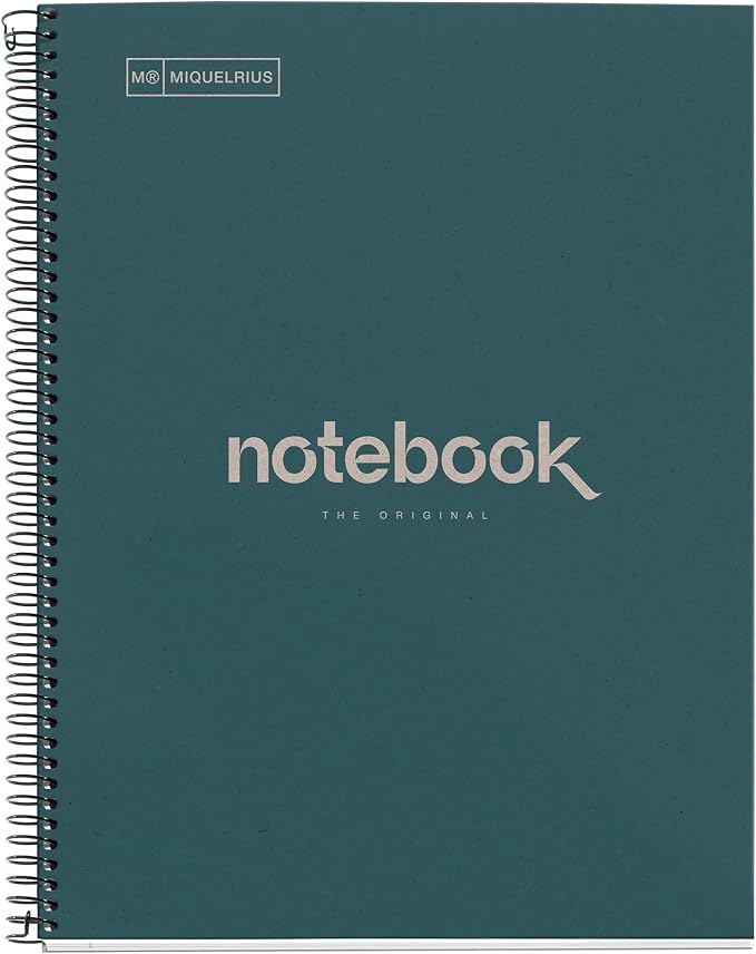 Miquelrius - Recycled Notebook A4, 80 Sheets of 80 g/m², 5 x 5 mm Grid, Post-Consumer Recovery Paper, 1 Colour Strip, 4 Holes, Marine Eco-Cover