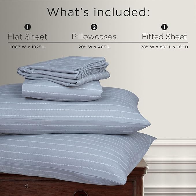 Briarwood Home® Printed Flannel Sheet Set, 100% Natural Cotton, Soft, Warm & Deep Pocket, Advanced Nano-Tech Making it Resistance to Pilling; Brushed 6 Times for Softness (Grey Pinstripe, King)