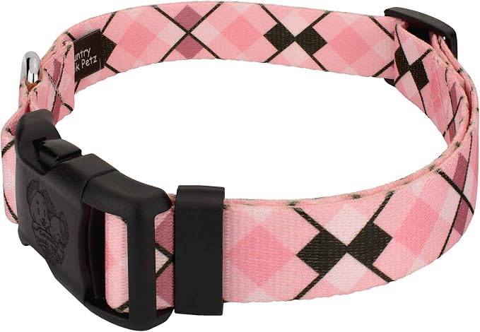 Country Brook Petz - Pink and Brown Argyle Everyday Dog Collar and Leash Limited Edition - Plaid and Argyle Collection Featuring Charming Designs (5/8 Inch, Small)