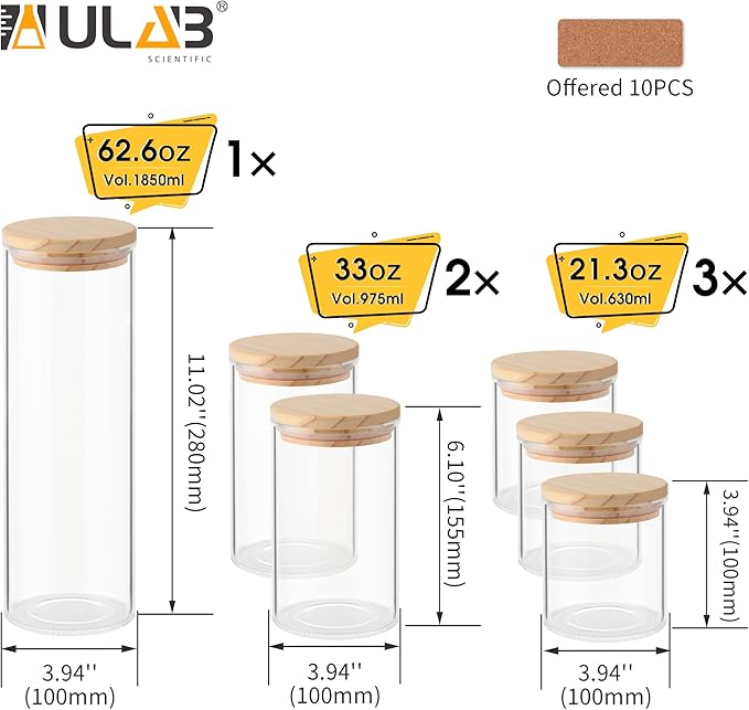 ULAB 3.5mm Thick Glass Food Container Set with Lid, 6 Pack Multi Size Clear Storage Jar, Glass Airtight Canisters set for Cookie, Candy, Coffee Beans, USJ1009