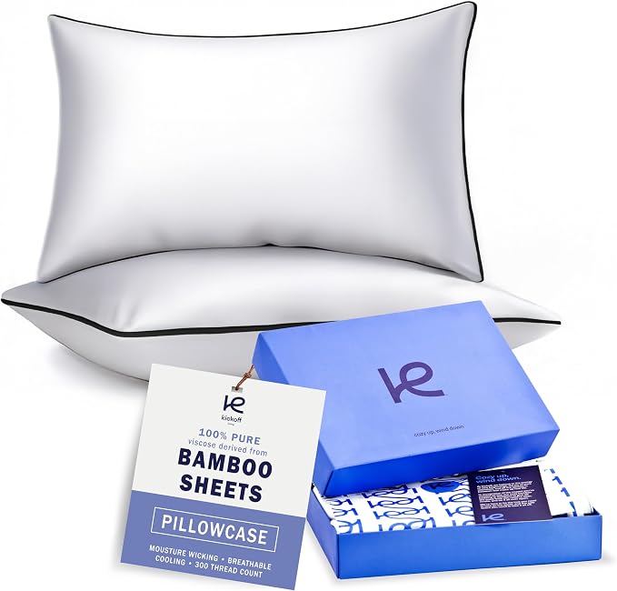 Kickoff Viscose Bamboo Pillowcase, Queen, Set of 2, 100% Organic Hidden Zippered Viscose Bamboo Pillow Case Queen Size, Cooling Pillow Cover for Hot Sleepers (20"x30", Trimmed, Onyx Black)