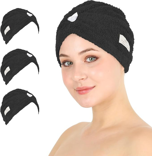 HALLEY Cotton Hair Towel Wrap (3 Packs) Super Absorbent Fast Drying Turbans for Thick, Wet Hair with Button (Black)