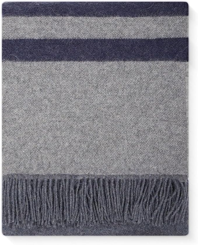 Superfine Alpaca Wool Throw Blanket - Lightweight Alpaca Merino Wool Throw Blankets | Soft Peruvian Alpaca Blanket Wool Blanket Striped Design 63" x 52" (Blue Jean/Soft Gray/Navy Blue)