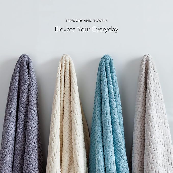 Texere 100% Organic Cotton Jacquard 650 GSM Premium Bath Towel Sets - Extra Absorbent Quick Dry and Plush (Cable, Smoke Blue, 4 Bath Towels)