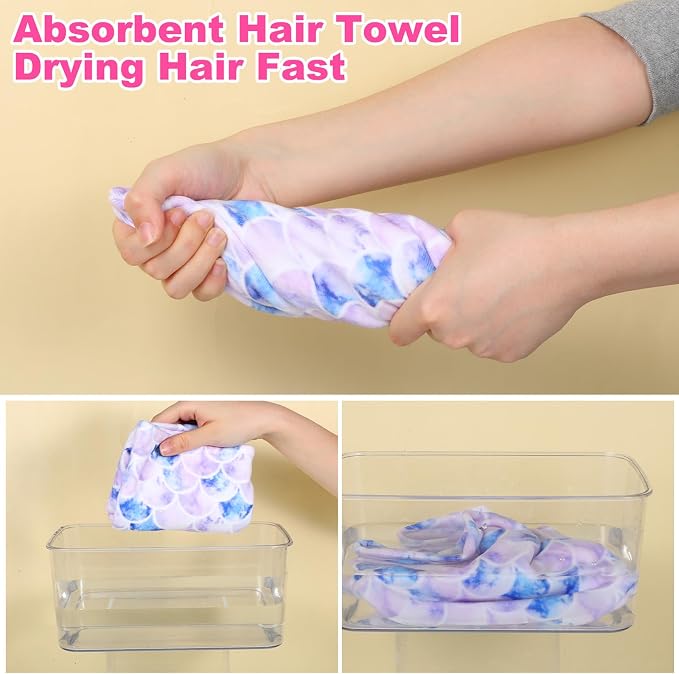 2 Pcs Microfiber Hair Towel Wrap for Women Girl Soft Absorbent Fast Drying Turbans Anti-Frizz Hair Wrap Towels with Elastic Strap for Long Short Curly Thick Wet Hair