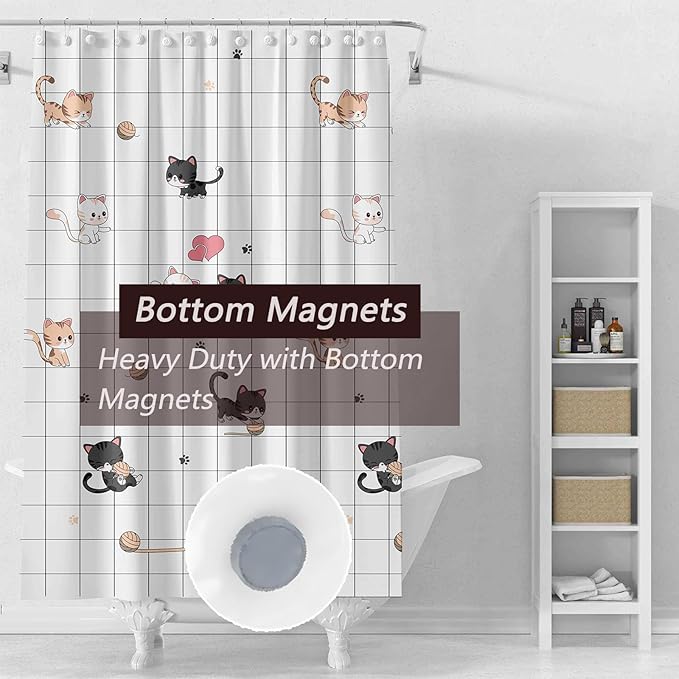 TIKABC Shower Curtain Liner, 4G PEVA Colorful Cat Shower Liner, Plastic Waterproof Shower Curtains, 72x72 inch with Grommet Holes 3 Magnetic Weights